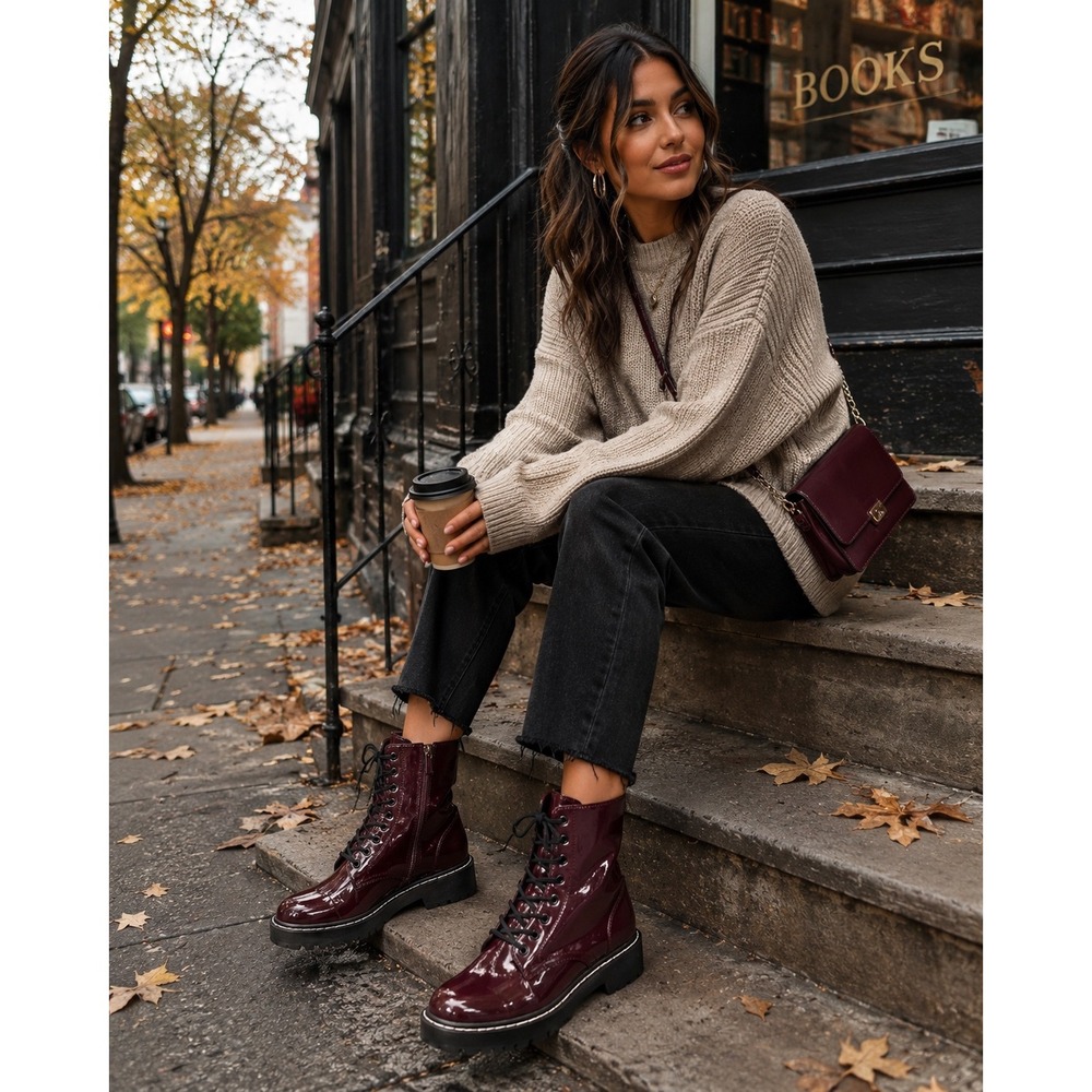 Burgundy Patent Combat Boots Lace Up Chunky Sole Edgy Grunge Goth Sz 8.5